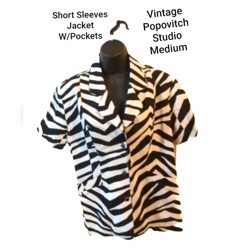 Popovitch Studio Women's Short Sleeves Zebra Stripe Jacket Cotton Twill Medium